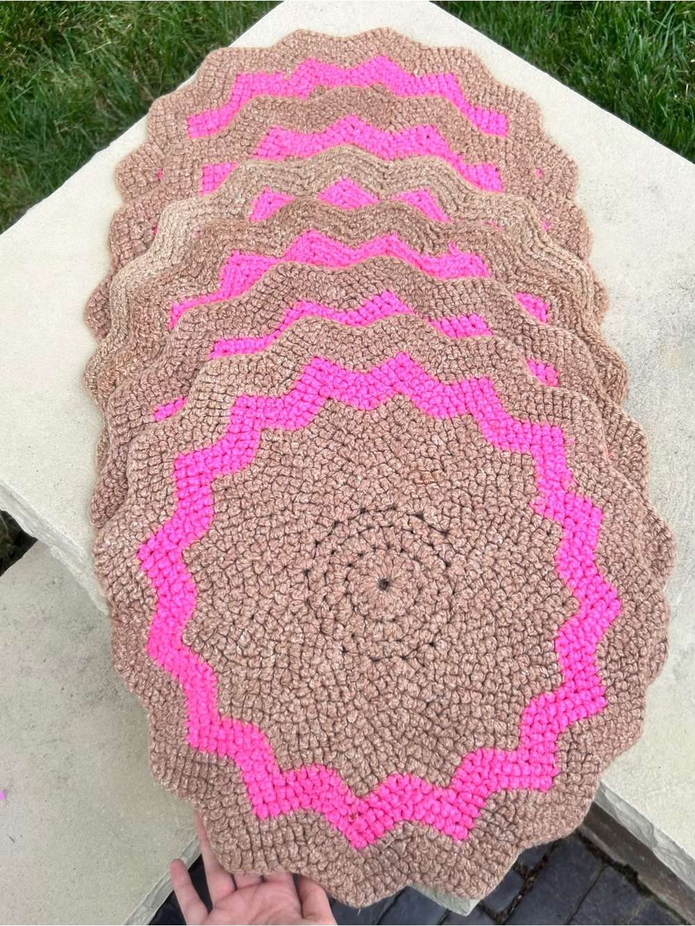 Set of 6 Handmade Crocheted Placemats Brown Hot Pink